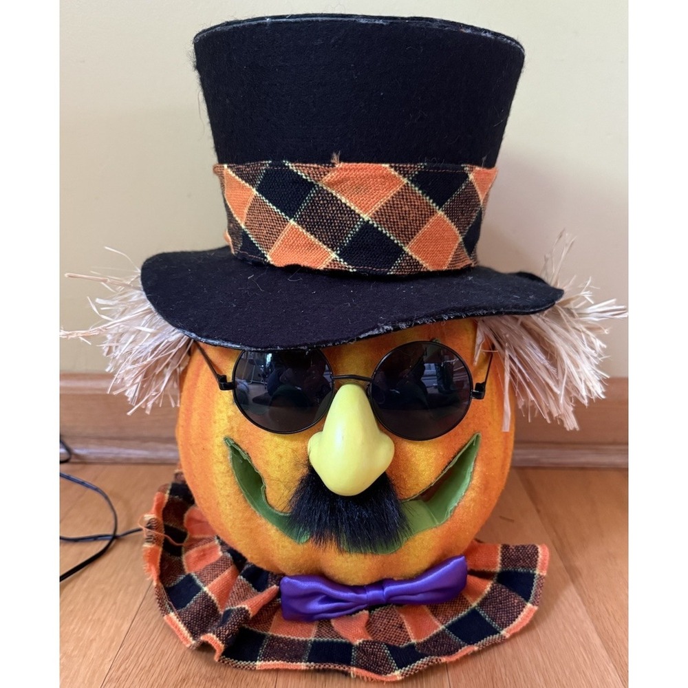 Vintage Fiber Optic Lighted Pumpkin Sunglasses Top Hat Mustache 12" Tall